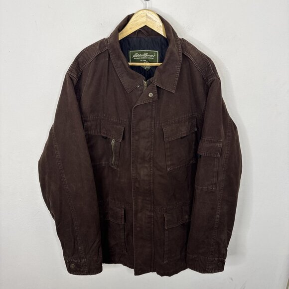 Eddie Bauer Men XL Tall Brown Canvas Barn Coat Jacket Insulated Primaloft - Picture 1 of 10